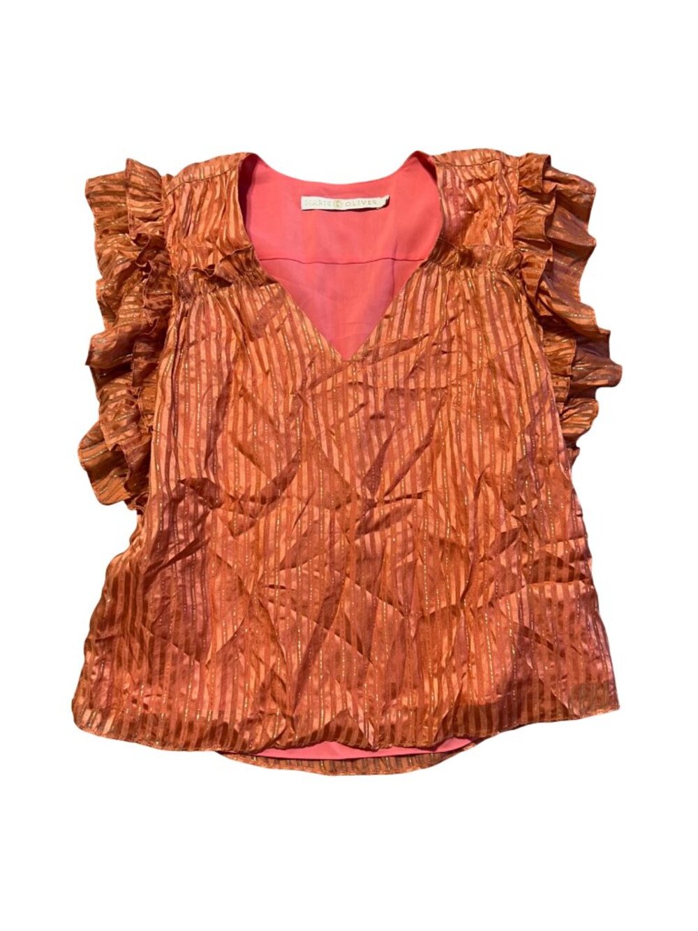 Marie Oliver Women's Sz Medium Orange Metallic Phoebe Ruffle-Sleeve Silk Blouse